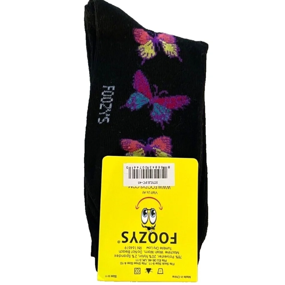 Foozys‎ Women's Crew Socks; Butterflies; Black; Women's Size 9-11